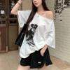 harajuku Women T-shirts summer short Sleeve Slanted collar casual loose vintage cartoon print loose t shirt Ladies white y2k Tops Clothes