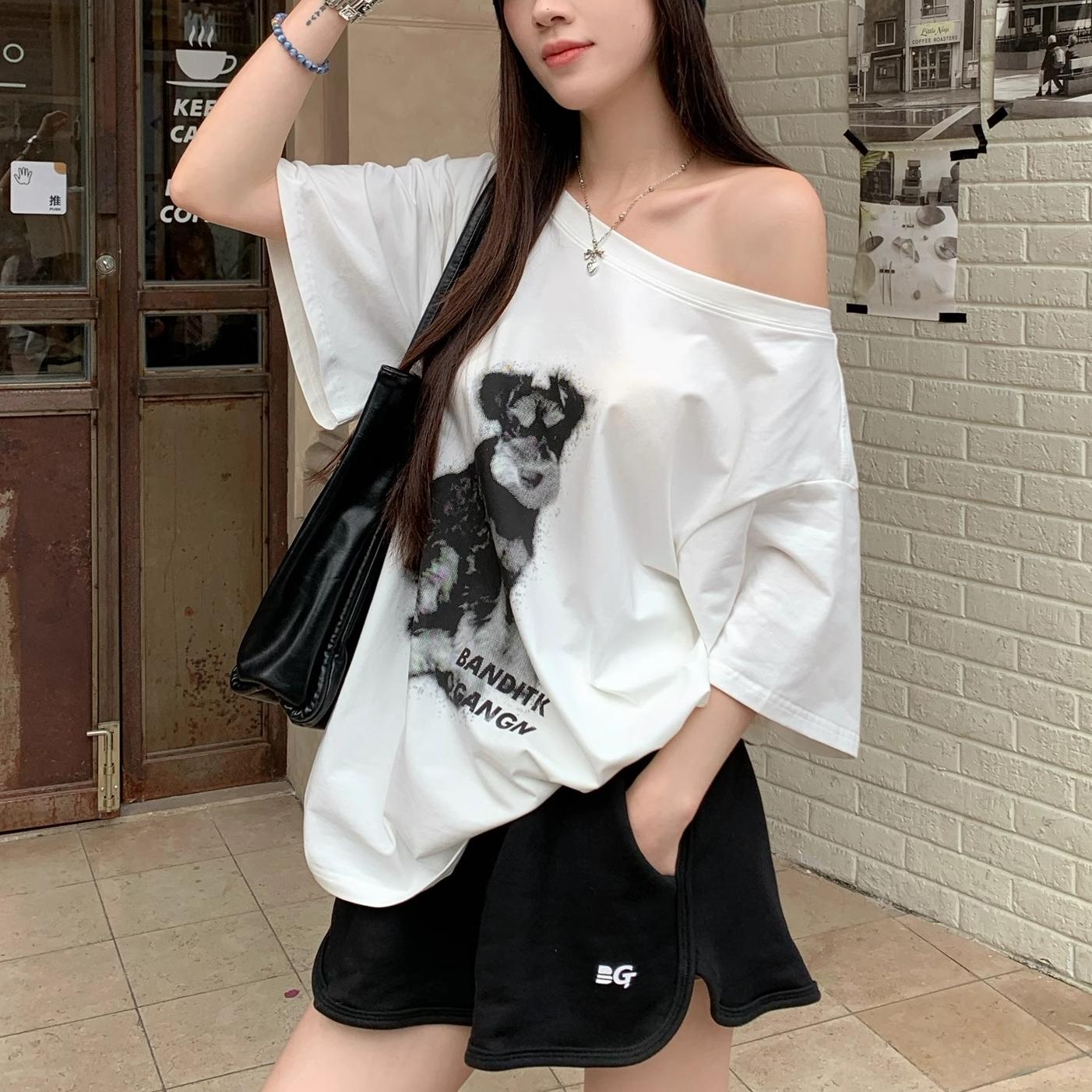 

хараюку Женские футболки лето короткий рукав косой воротник повседневные свободные винтажные мультяшные принты свободная футболка Женские белые y2k Топы Одежда XL белый