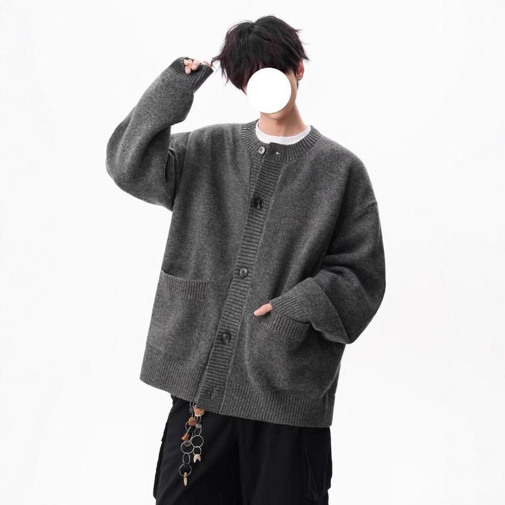 American Gray Knitted Sweater Jacket Men's Trendy Brand Autumn and Winter New Loose Casual Lazy Style Versatile Couple Cardigan