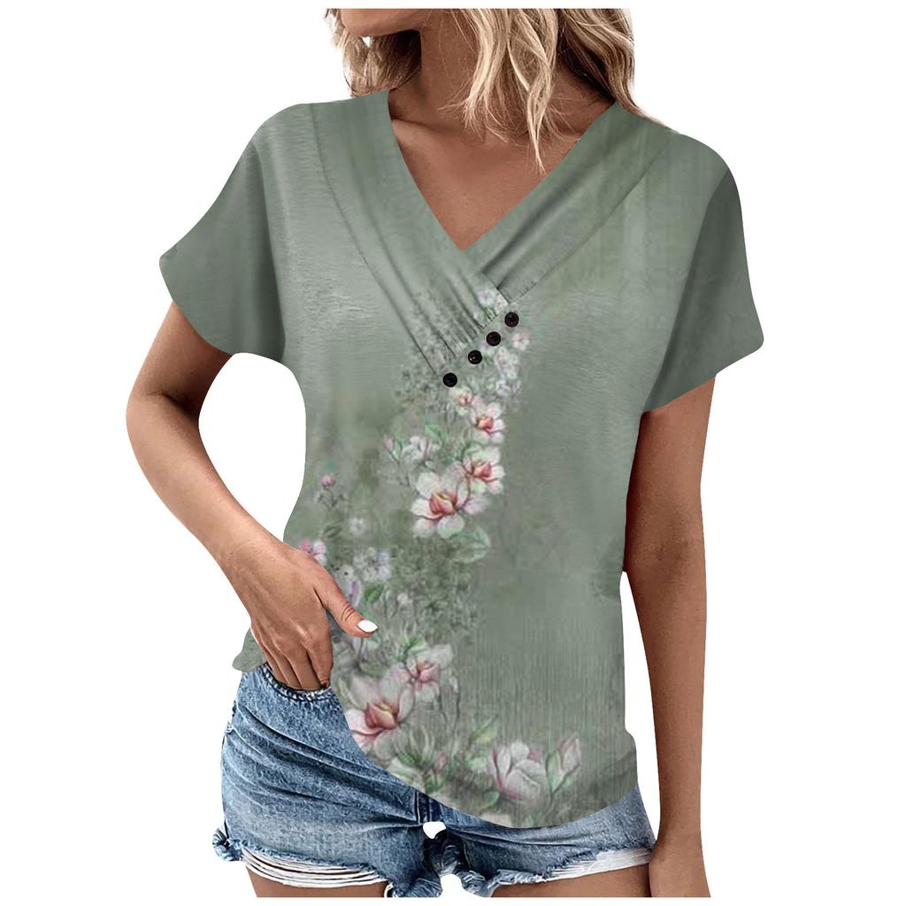 Women's Fashion Casual V-Neck Short Sleeve T-Shirt Pleated Printed Button-Up