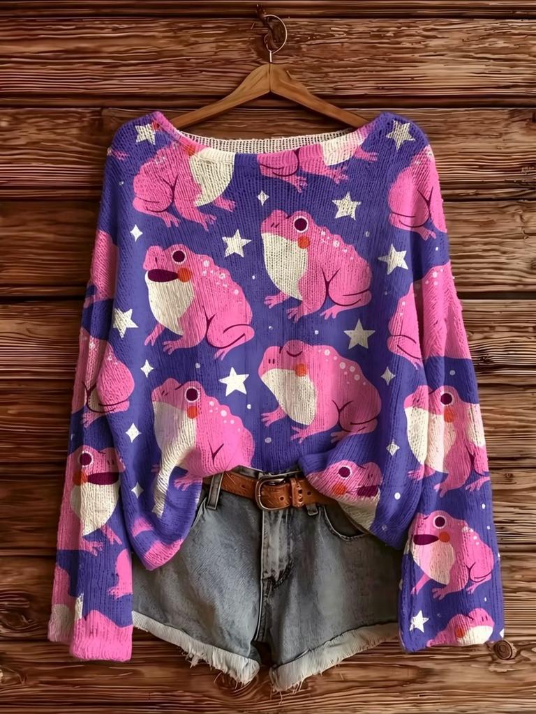Women's new purple bottom pink frog star pattern sweater Halloween Christmas atmosphere daily wear