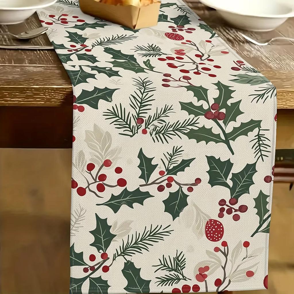 Böhmischer Weihnachts-Tischläufer Stechpalmenrot Beeren Grünes Laub Rechteckig Küche Esszimmer Feiertags-Partydeko