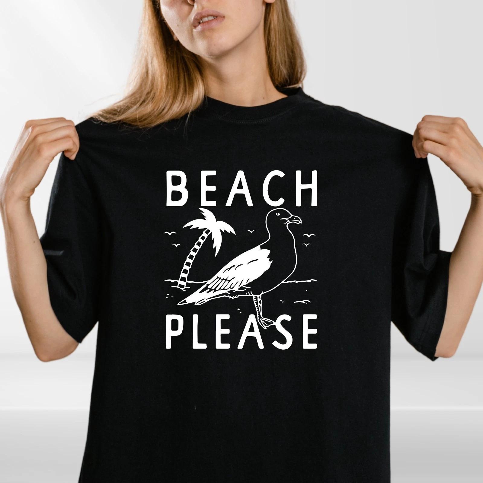 

Beach Please T-Shirt, Retro Summer, Seagull Palm Tree Graphic Summer Holiday Tee M