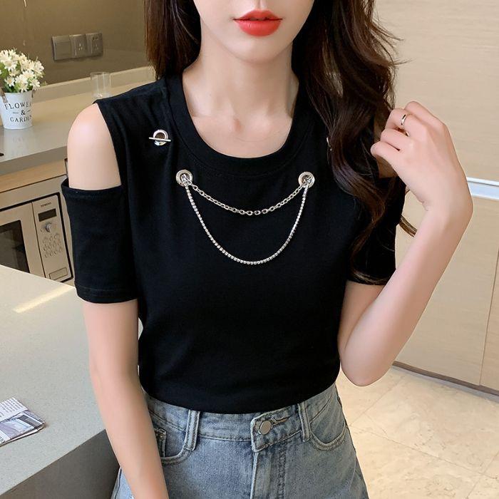 Spice girl sexy new short-sleeved T-shirt design sense niche pure desire style chic off-the-shoulder slim top ins women