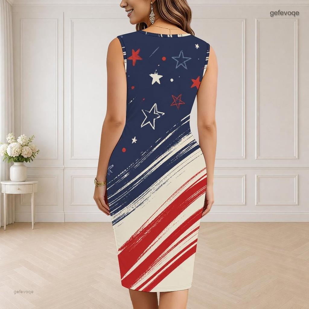 Women Plus Size V Neck Sleeveless Beige Printed Bodycon Midi Dress
