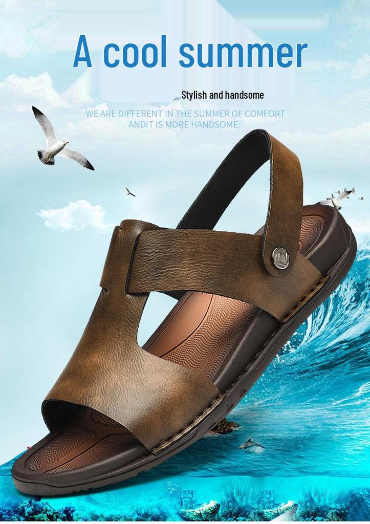 Large Summer Leather Cross-Strap Sandals, Sizes 45-46, Non-Slip Soft Sole Beach Flip-Flops for Men