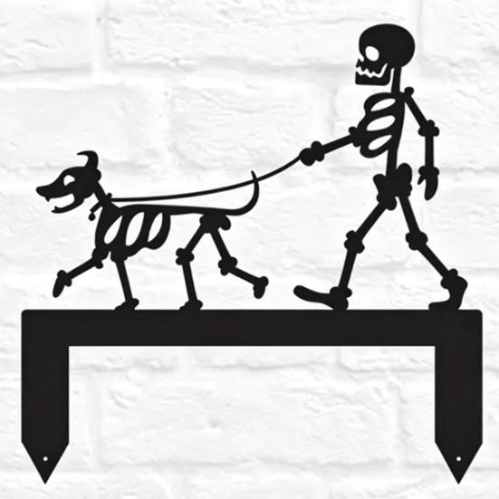 Skeleton Dog Garden Stake Black Skeleton Walking Dog Metal Decoration Funny Halloween Yard