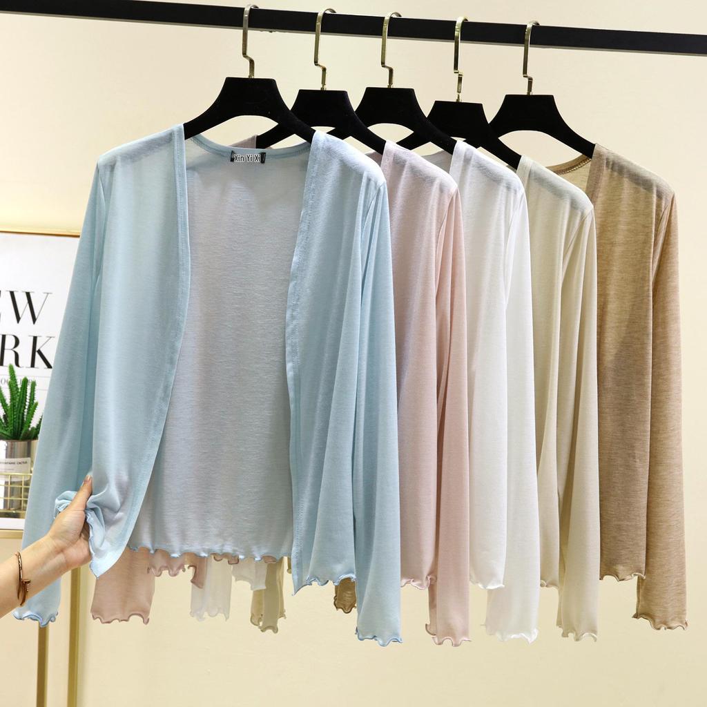 Dámský lehký kardiganový šál s dlouhým rukávem na jaro/léto 2025 - Slim pletená klimatizační bunda