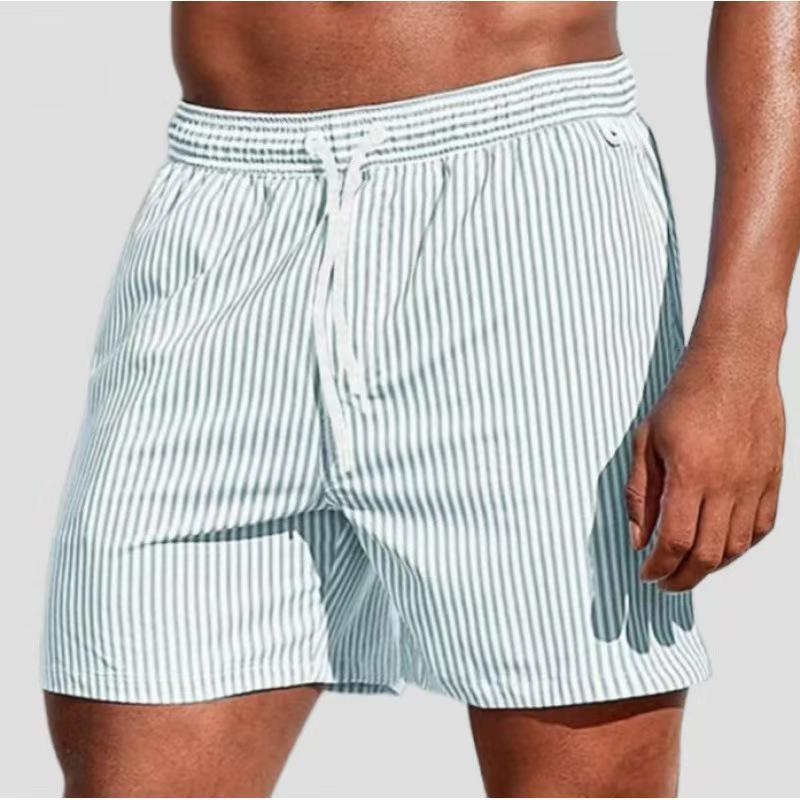 2026 Summer Men's Quick-drying Blue & White Stripe Beach Bermuda Shorts with Elastic Waist