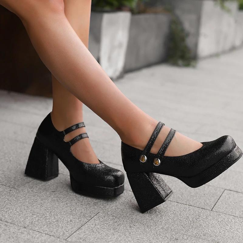 Plus Size Double Row Metal Buttons Ultra-High Thick Heels Korean Style High Heels Square Toe Platform Breathable Hollow Pumps