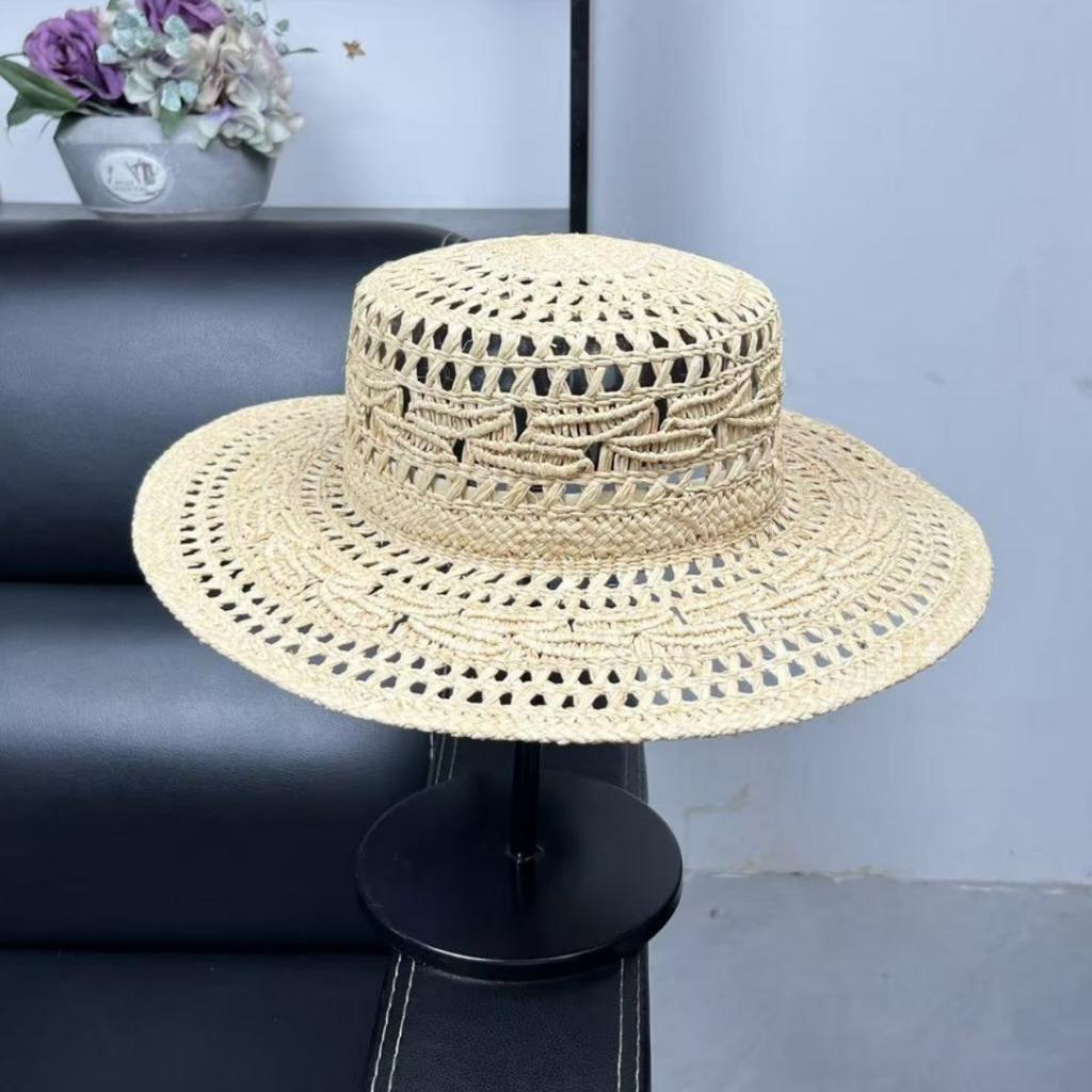 Light Luxury Sun Hat Raffia Woven Vacation Straw Hat Hollow Breathable Sun Hat Big Brim Flat Top Hat