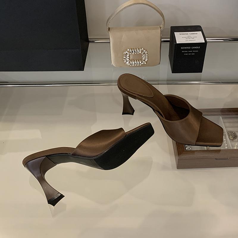 Fashion SUOJIALUN 2025 New Brand Summer Women Slipper Fashion Square Toe Slip On Slides Thin High Heel Outdoor Dress Ladies Elegant Pump