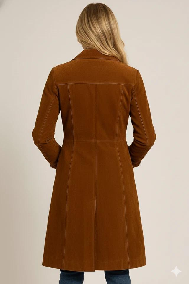 

Leather Stylish Handmade Lambskin Women s Coat Trench Genuine Brown Suede Party 3XL коричневий