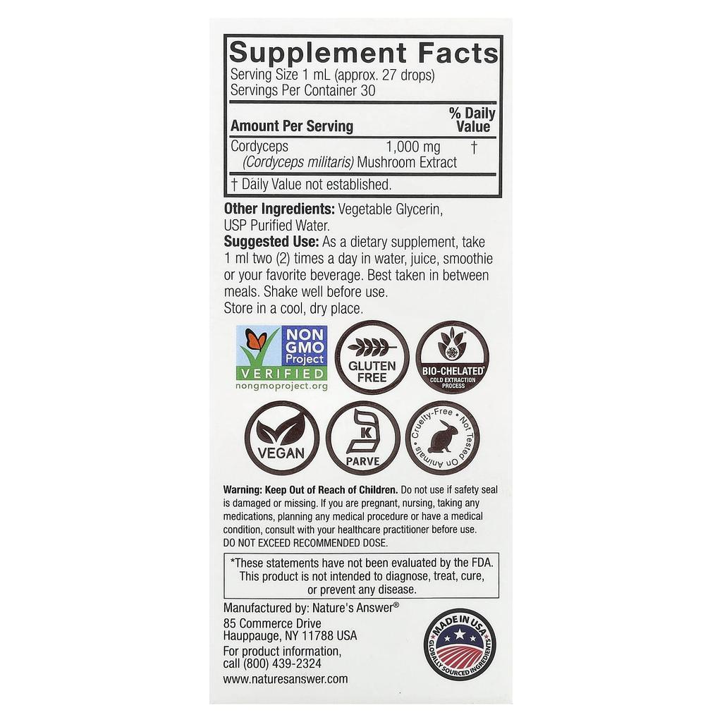 Nature's Answer Cordyceps Sinensis, Mushroom Extract, Alcohol-Free, 30ml (1 Fl Oz)