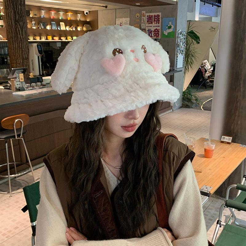 Cute rabbit ears bucket hat women's autumn and winter warm versatile washbasin hat cold protection ear hat plush hat tide