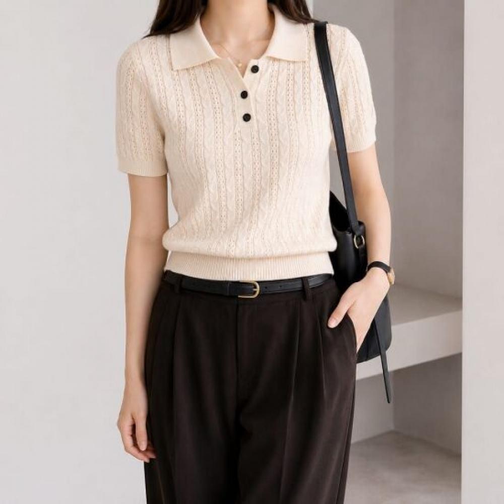 Mizqz WoMen S twiSted Collar Short Sleeve Knit Button Punching SuMMer Knit Tee M