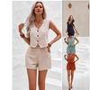 European and American Foreign Trade Summer New Women's V-neck Button Vest A-word Hem Casual Sleeveless Top Shorts Set