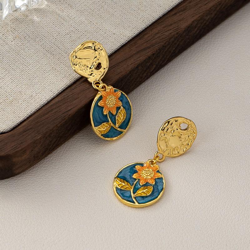 Vintage Sunflower Floral Earrings Brooch Set Copper Electroplated Womens Lightweight Retro Jewelry Earring