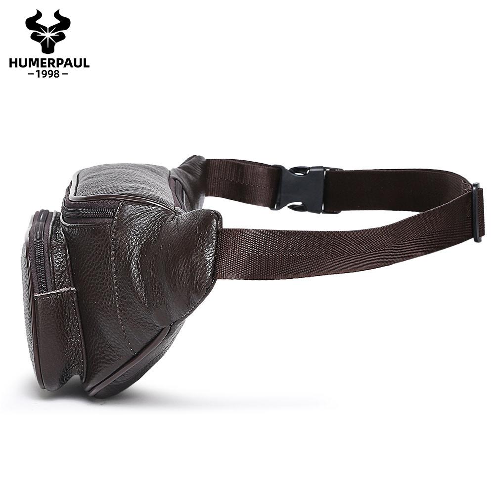 HUMERPAUL Men leather waist bag multifunctional cowhide leisure sports mobile phone waist bag multi-compartment chest bag large-capacity shoulder bag