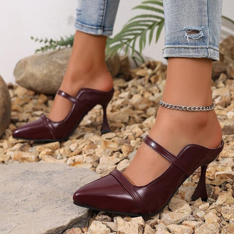 Fashion Burgundy Matte Leather Slippers Slip On Sexy Pointed Toe Stiletto Thin High Heel Straps High Heels Solid Handmade Fashion Shoes