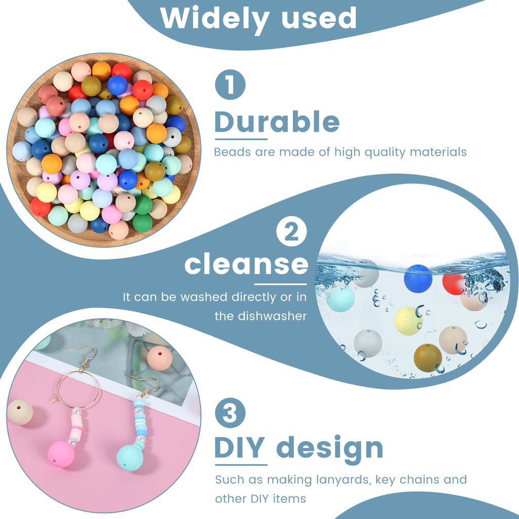 200 Pcs Silicone Beads Round Silicone Beads Bulk 20 Colors Silicone Loose Beads Soft Silicone Bead Set 15mm Round Beads Set Cute