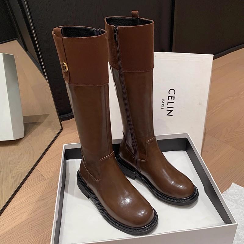 Maillard Retro Splicing Boots Women's 2025 Autumn New Velvet Thick-soled Boots But Knee Boots Knight Boots.