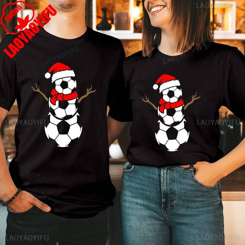 FOOTBALL SNOWUnisex Christmas Cotton TShirt Rudolph Reindeer Santa Hat Festival Gift Soccer Ball Costume Xmas Family Holiday Shirt