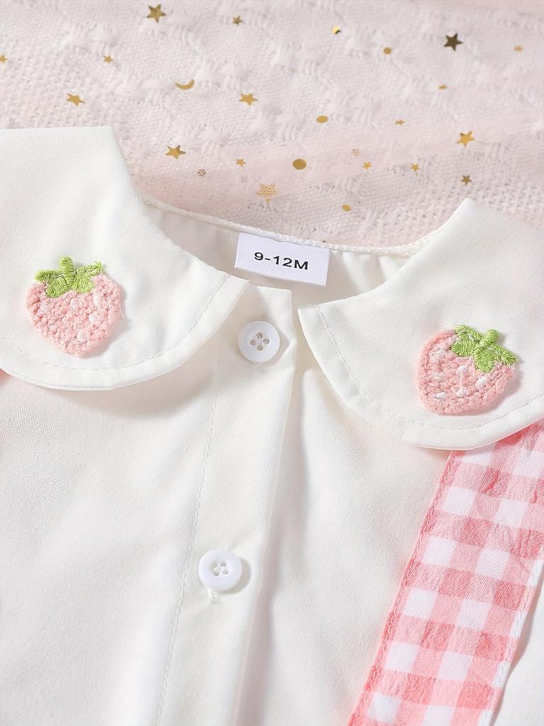 Baby Girls Spring Summer Sweet Strawberry Plaid Short Sleeve Shirt Set, Adjustable Straps, Cute Doll Collar, Daily Wear
