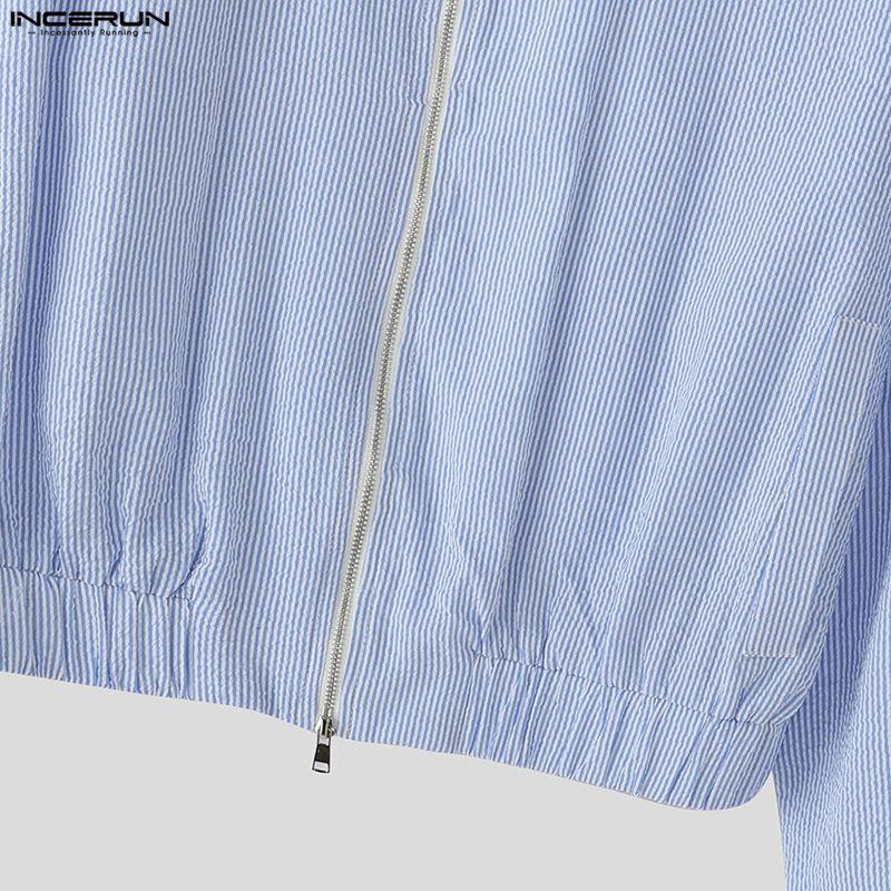 INCERUN Men Lapel Long Sleeve Zipper Up Striped Cropped Jackets Short Coats