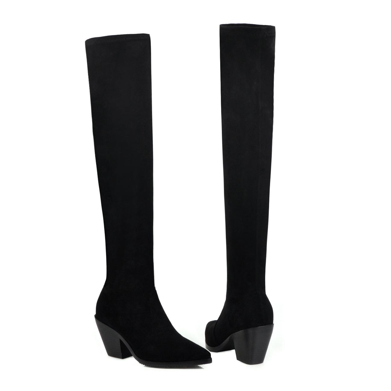 

95/Women s high-heeled boots autumn and winter new solid-color pointed thick-heeled large-size elastic boots 46