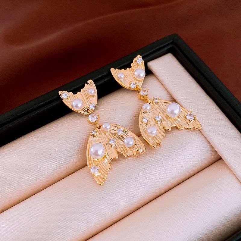 Elegant Zircon Faux Pearl Fishtail Sterling Silver Earrings - French Luxury Design for Women