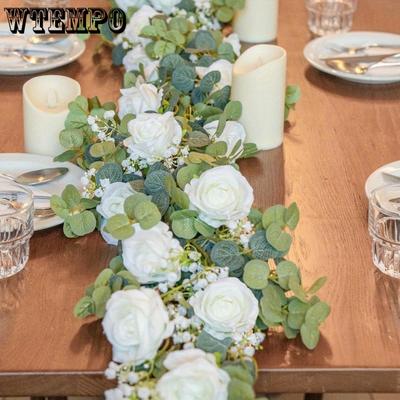 1pc Artificial Eucalyptus Garland with Flowers Roses Baby Breath Garland Floral Greenery for Wedding Party Table Runner Backdrop Wall Decor