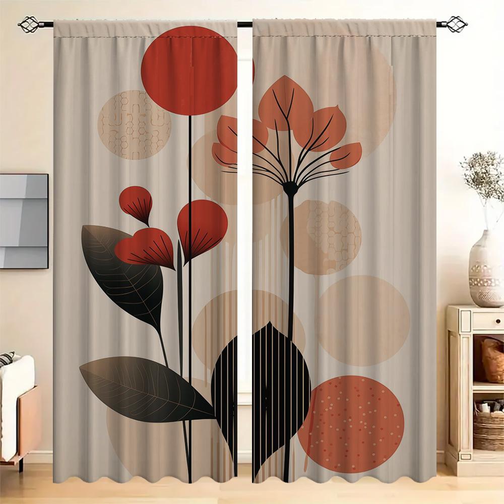 2 Stück Geometrische Blätter Vorhänge mit Landschaftshintergrund und Stangentasche, für Küche, Café, Wohnzimmer, Balkon