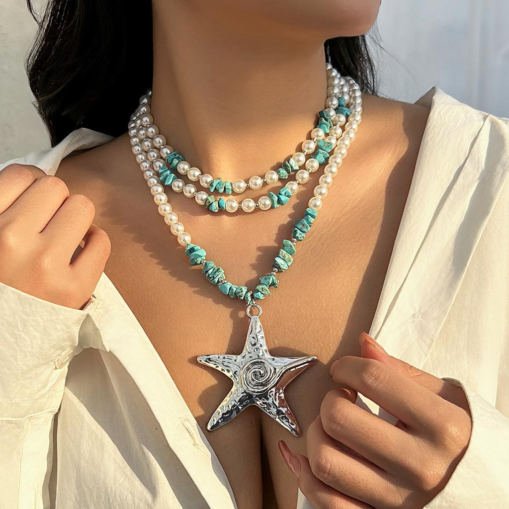 Wind Exaggerated Starfish Pendant Necklace Women'S Neck Chain Niche Stacking Wearing Imitation Pearl Ocean Wind Necklace