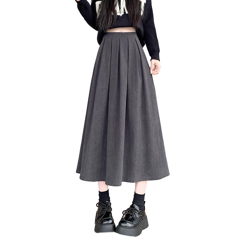 Plus Size Women's Corduroy Pleated A-Line Midi Skirt - Autumn/Winter