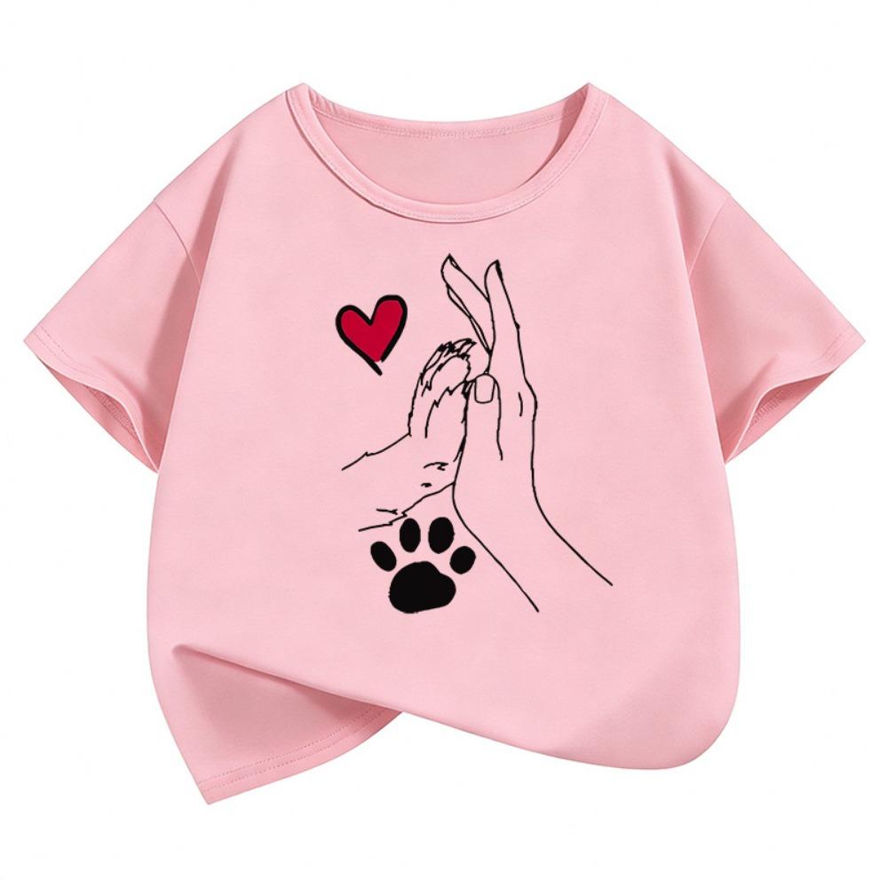 Cute Cat Paw Heart Kids Tshirts Summer Short Sleeve Tees Cartoon Boys Girls Clothes Kawaii Tops Y2K Children T-shirt