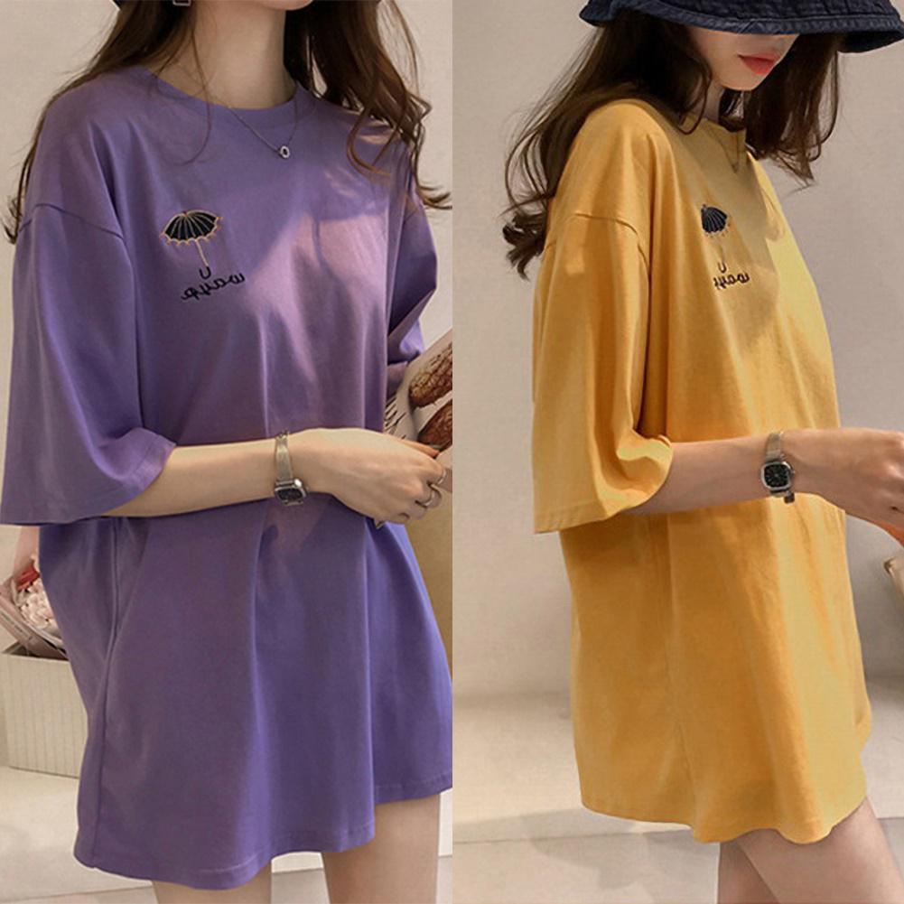 Fashion Accessory Women Umbrella Embroidery Short Sleeve O Neck Oversized T-shirt Top Long Blouse