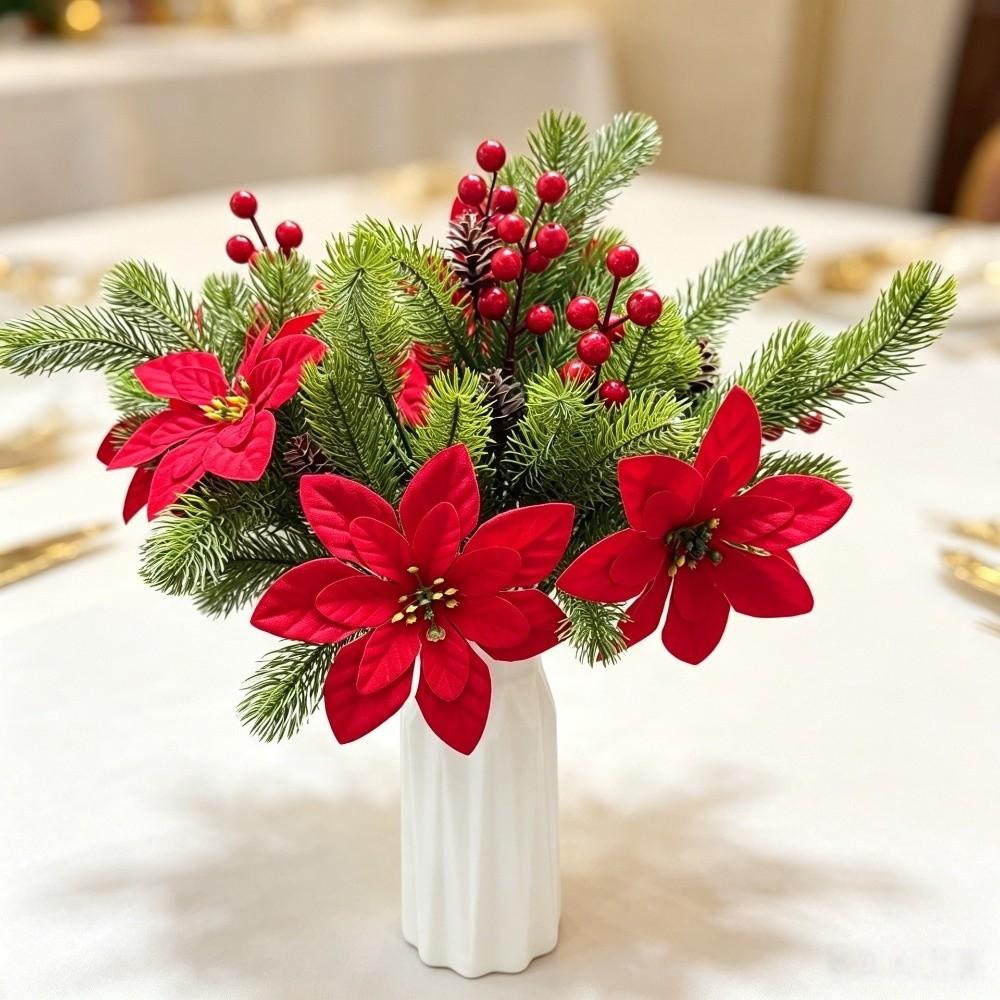 Green Pine Leaves Christmas Pine Branches Red Berry Artificial Plant Home Decoration