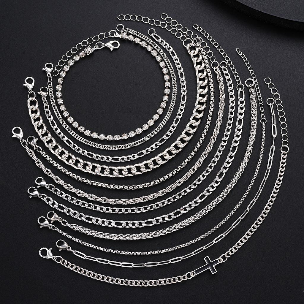 Simple Stylish Punk Hip-Hop Stainless Steel Cross Rhinestones Chain Bracelet Set for Men Women Vacation Date Casual Jewelry Gift