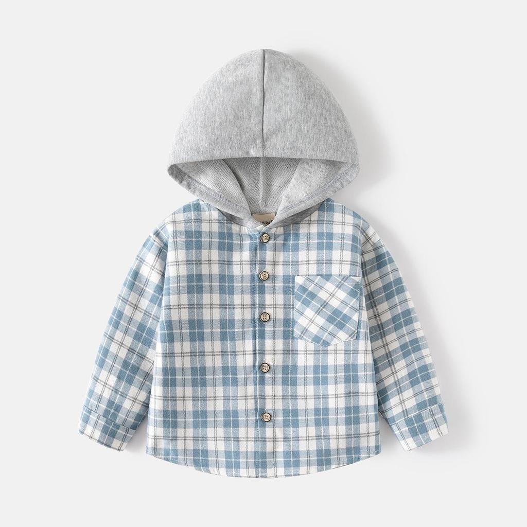 Korean-Style Boys' Hooded Plaid Shirt, Long-Sleeved Children's Clothing, 2026 New Arrival