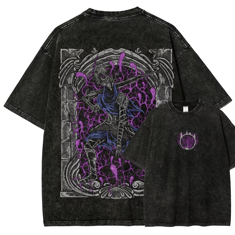 2026 Classic Action Role-playing Game Dark Souls Graphic Print T-Shirt Men Women Retro Washed Cotton Loose Oversized Top Summer Short Sleeve Tee