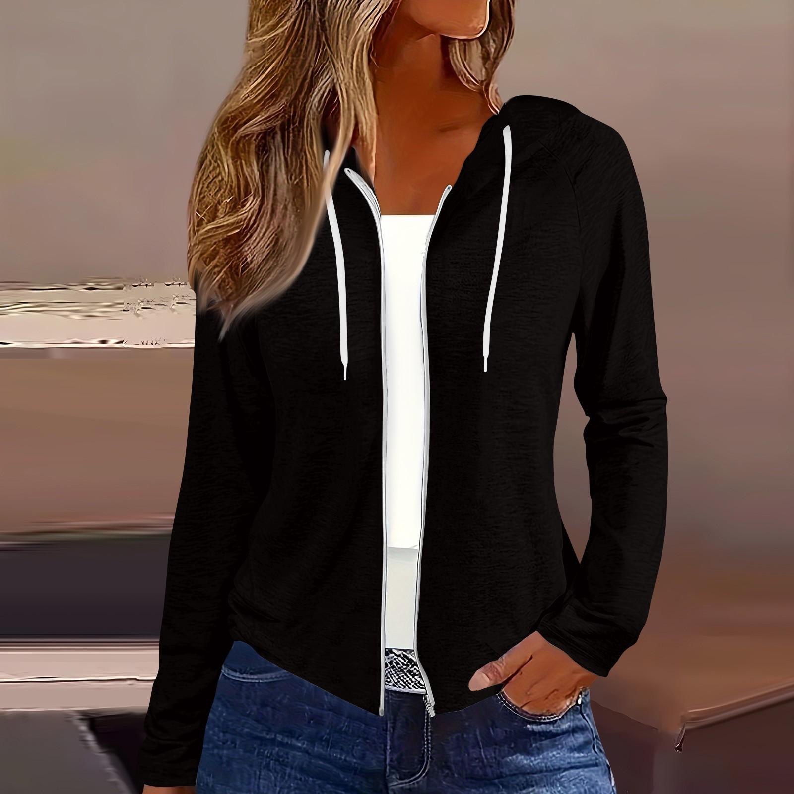 

Женская мода повседневная застежка-молния с капюшоном и длинным рукавом толстовки пальто XXL чёрный