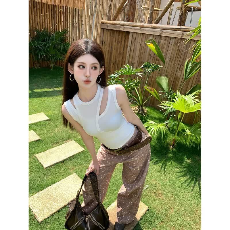 Zuose Women s Hollow-Out Faux Two-Piece Sleeveless Vest Top One Size (recommended 90-120 jin)