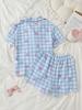 Süßes niedliches kariertes Pyjama-Set für Mädchen, Blau und Weiß, Sommer-Hauskleidung, Schlafanzug 2 Teile, Elegantes weiches atmungsaktives Blasenkrepp-Oberteil mit Schleifendruck und Shorts-Set