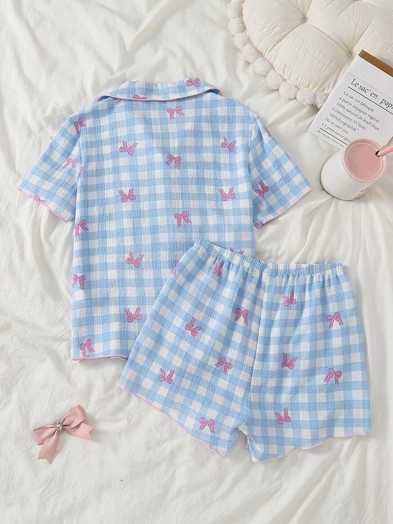 Süßes niedliches kariertes Pyjama-Set für Mädchen, Blau und Weiß, Sommer-Hauskleidung, Schlafanzug 2 Teile, Elegantes weiches atmungsaktives Blasenkrepp-Oberteil mit Schleifendruck und Shorts-Set