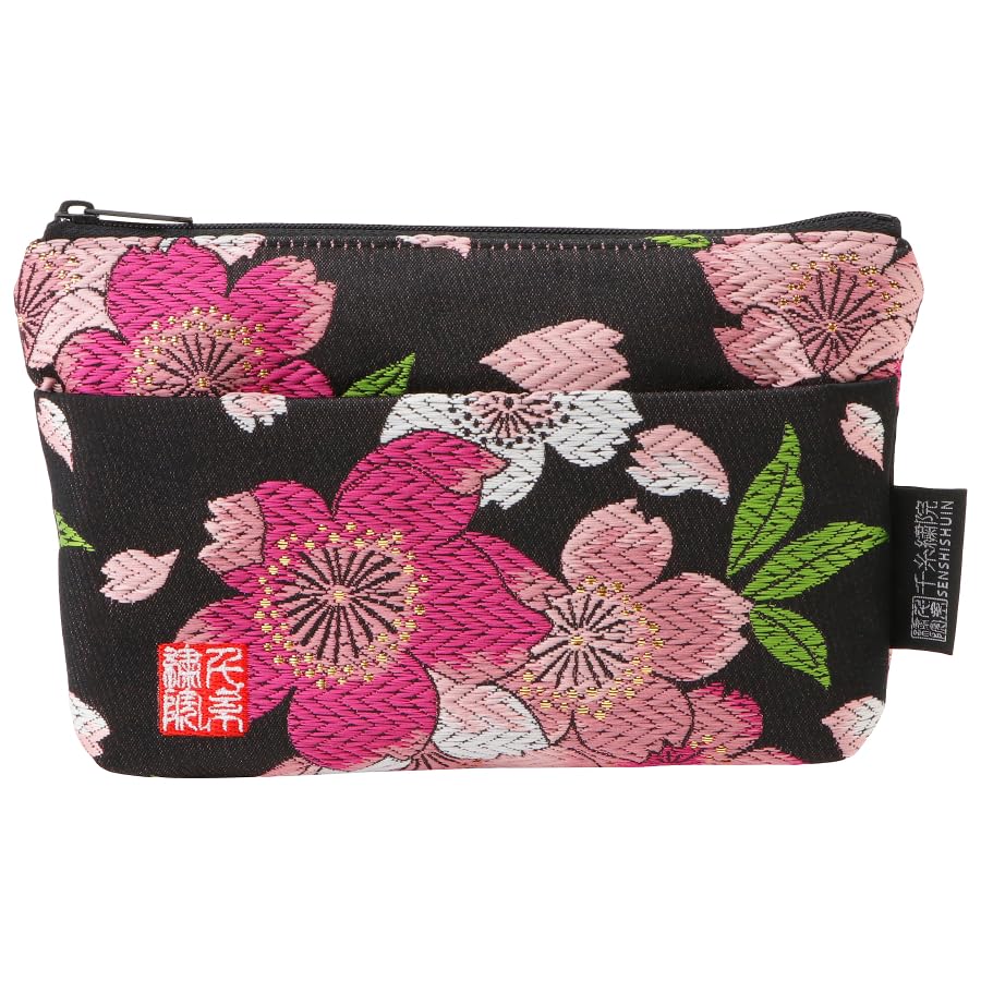 Senshishuin Nishijin Brocade Pouch with Black Love Cherry Blossom Design (Lined) (Small)