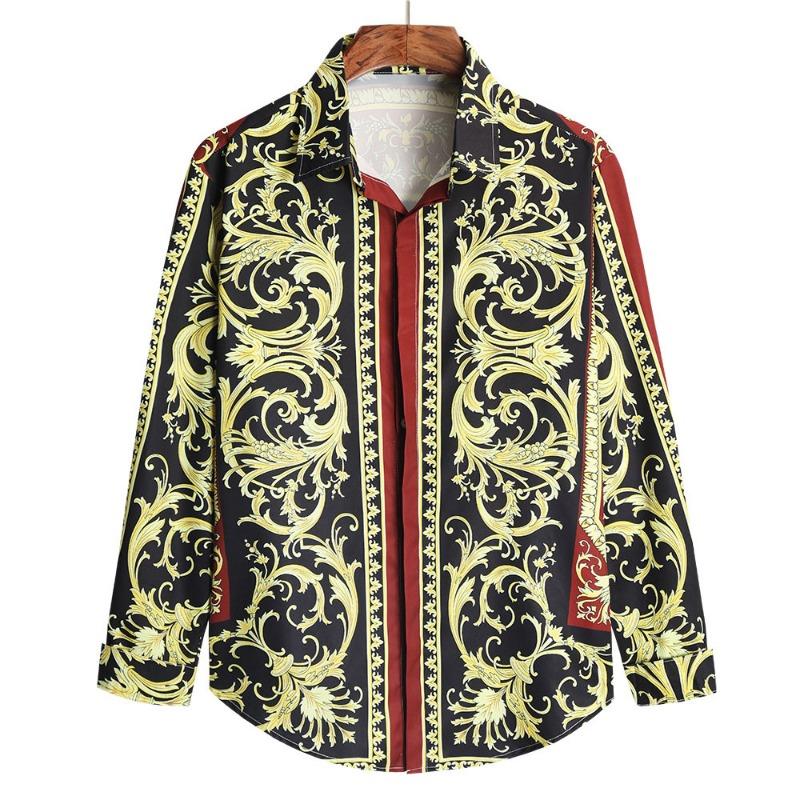 Camicia da Uomo di Lusso Retro con Motivo Sole e Stelle, Collo a Revers, Bottoni, Maniche Lunghe, Moda Serale