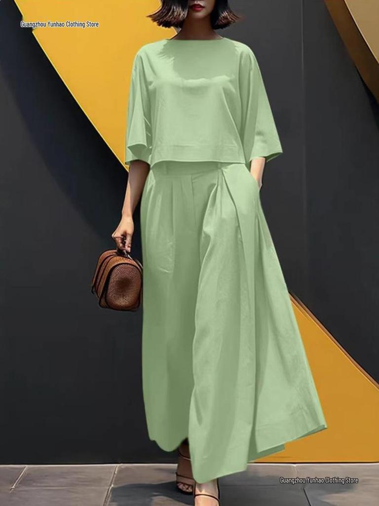 2026 Spring/Summer Women's Solid Color Short Sleeve Casual Loose Trousers Two-Piece Set