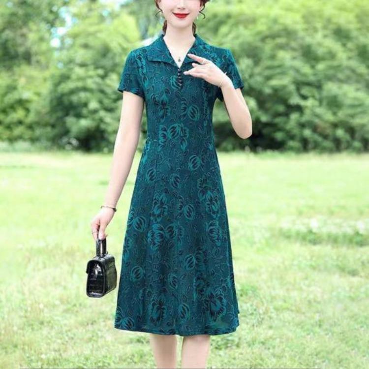 Spring Fall Floral Printed V Neck Lapel Collar Short Sleeves A-Line Midi Dress Casual Knee Length Dress for Women Middle Aged Ladies