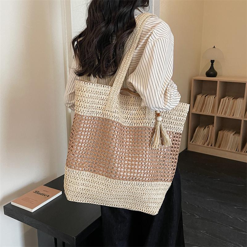 Woven Straw Tote with Tassel Accent and Spacious Interior for Summer Beach or Casual Daily Use
